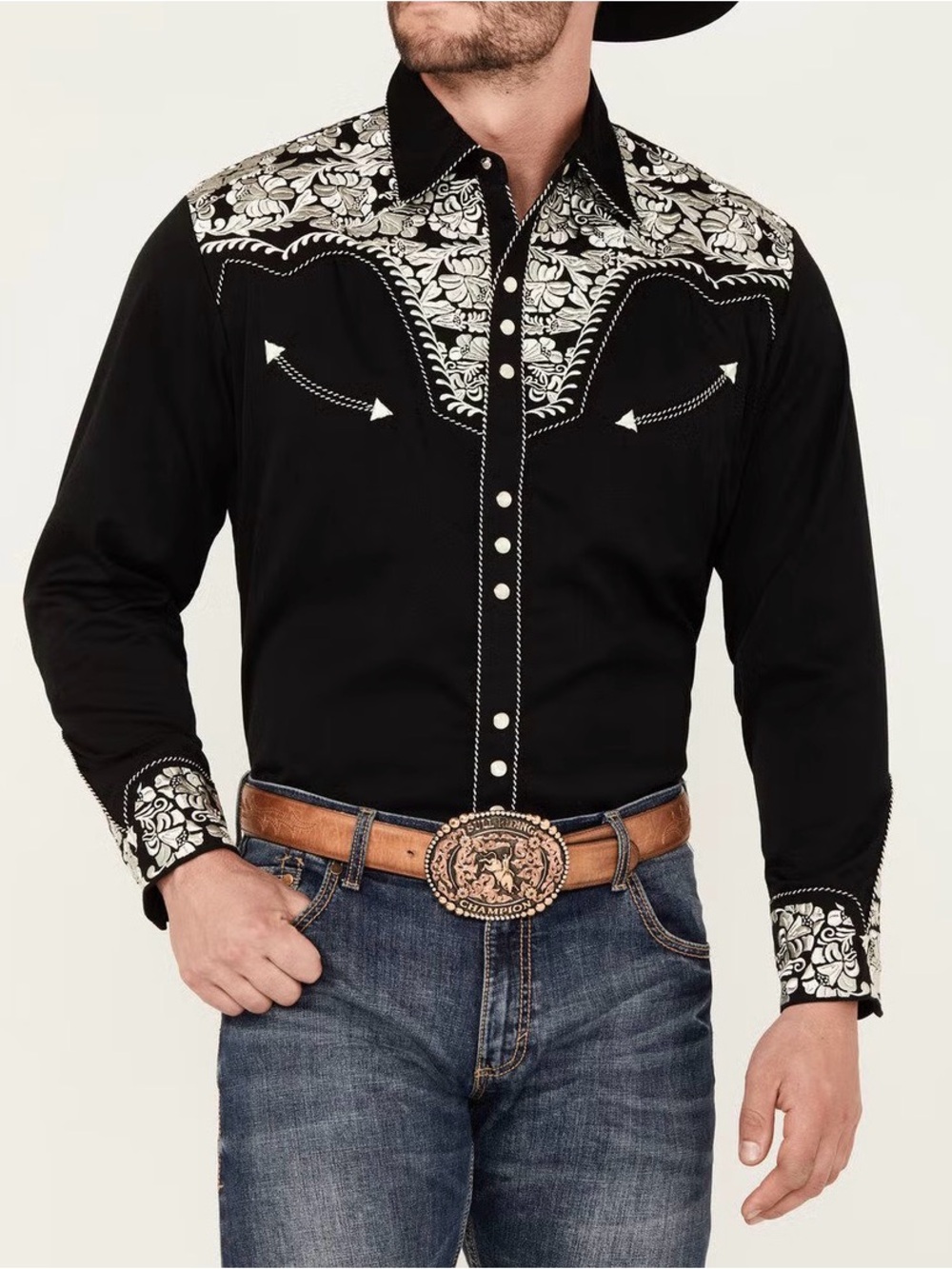 Scully Black Western Shirt with White Embroidered Yoke Country Western